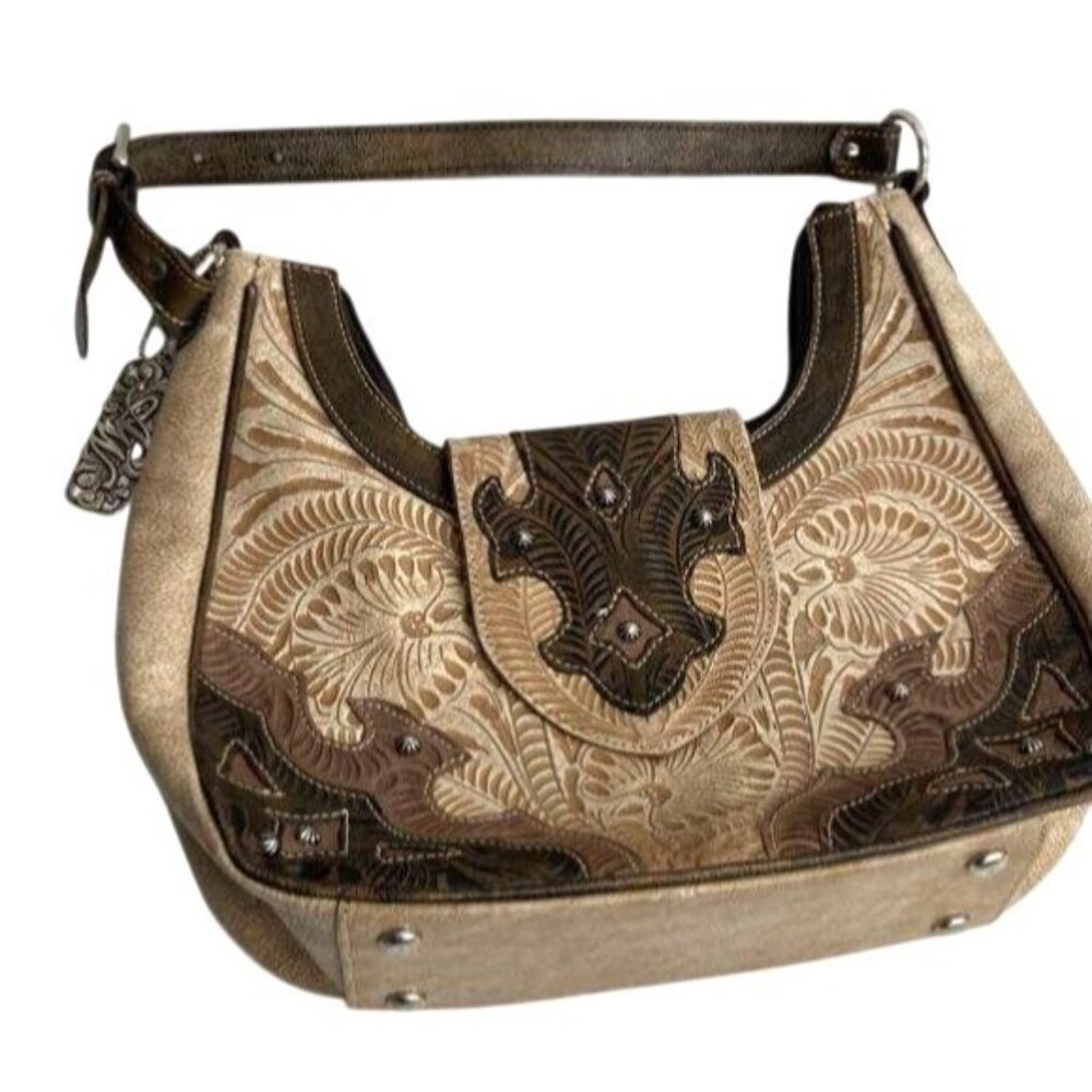 American West Beige &‎ Brown Tooled Leather Shoulder Bag With Floral Pattern